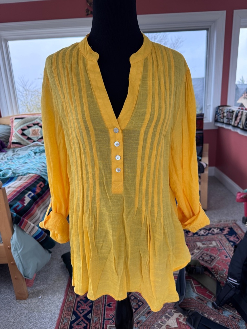 Zac & Rachel Bright Yellow Pintuck Button Tunic size L